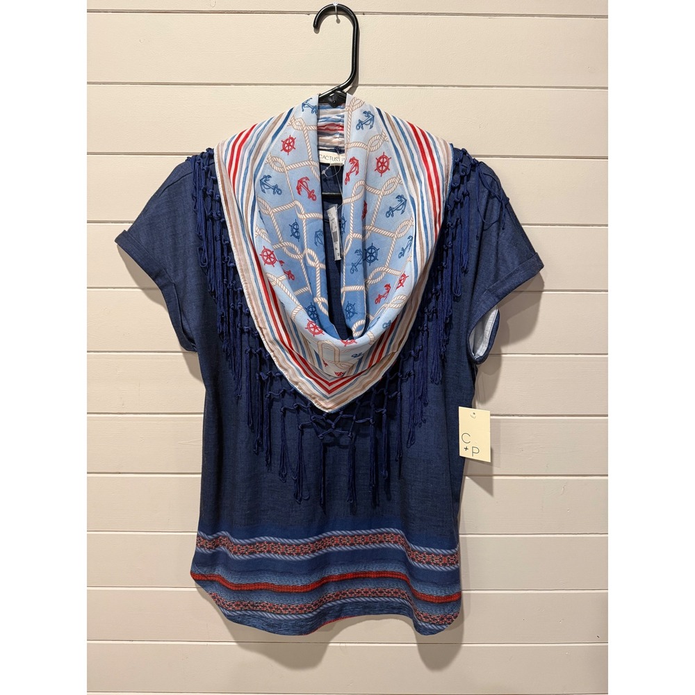 Cactus +‎ Pearl Women Small Blue Nautical Scarf Top Fringe Anchor Print NWT